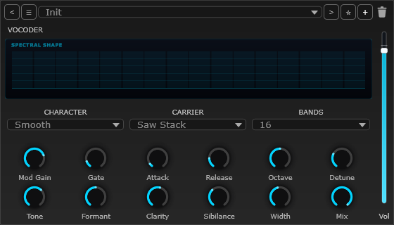 Vocoder — spectral-shape display with Character, Carrier and Bands selectors, and knobs for Mod Gain, Gate, Attack, Release, Octave, Detune, Tone, Formant, Clarity, Sibilance, Width and Mix