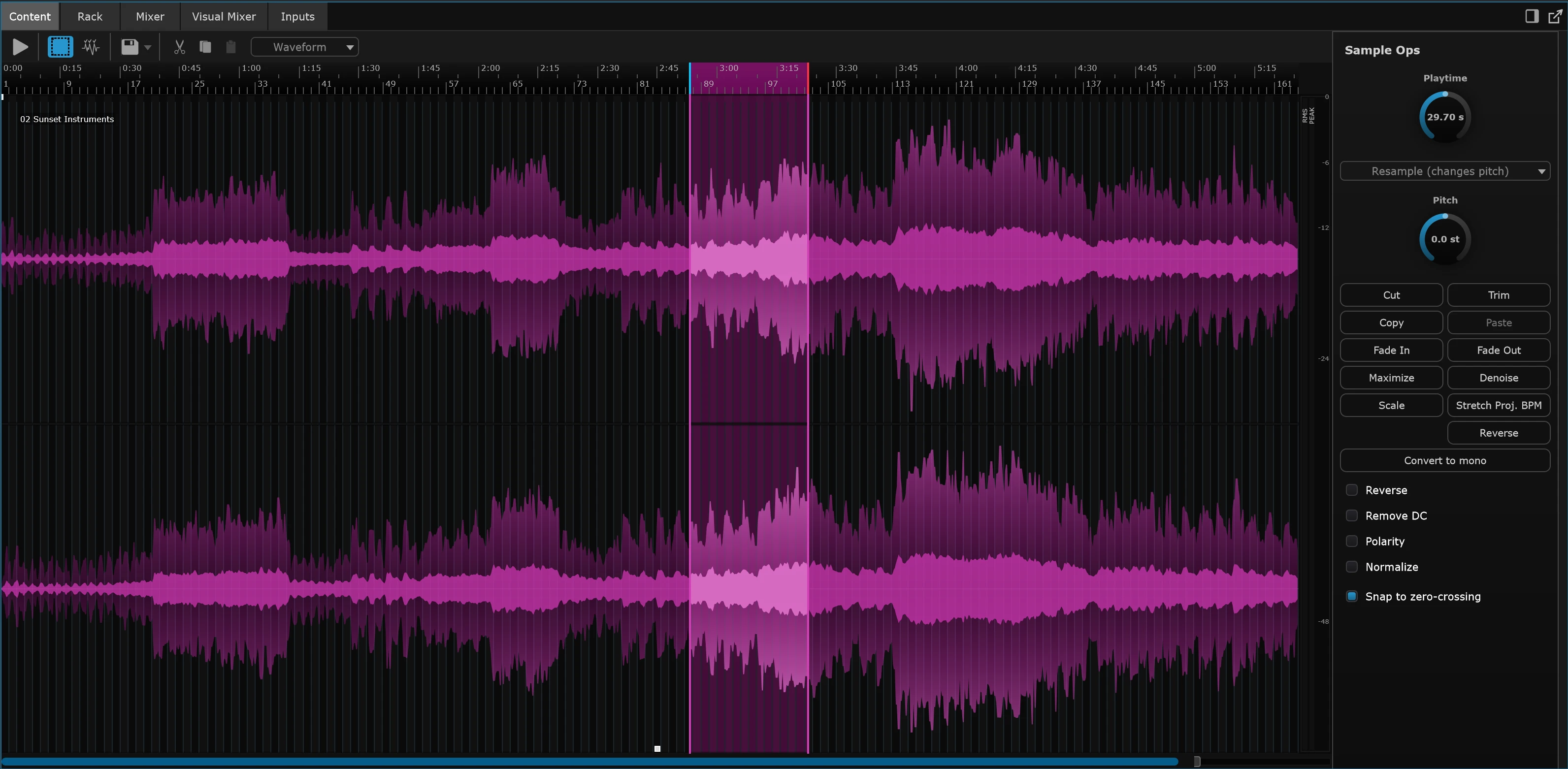 SANDYNE Sample editor showing a stereo waveform in magenta with a highlighted selection, and the Sample Ops panel on the right holding Playtime and Pitch knobs and Cut, Trim, Copy, Paste, Fade In, Fade Out, Maximize, Denoise, Scale, Stretch Proj. BPM, Reverse and Convert to mono buttons.